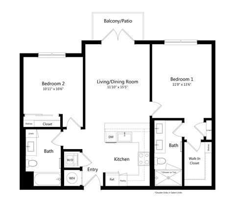 Floor plan for 2 beds, 2 baths, 928 sqft